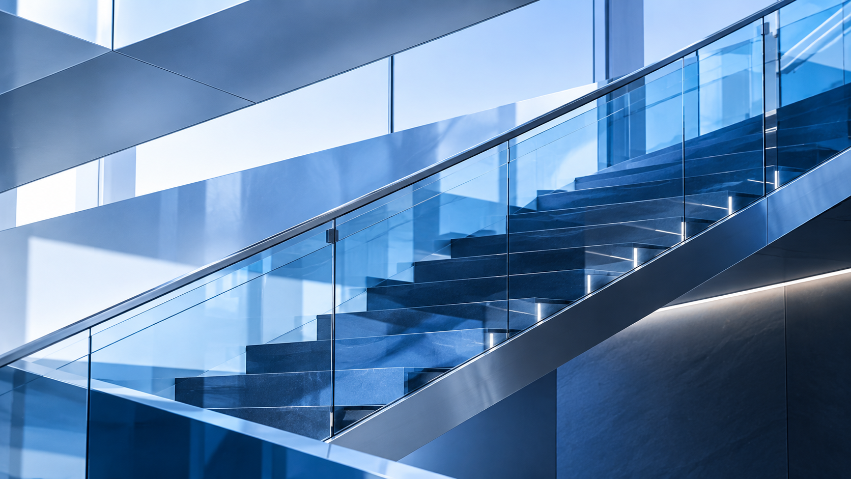 Architectural staircase in a blue-toned modern space